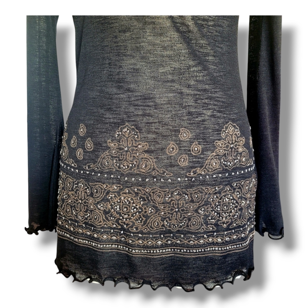 MCM Black/Tan Partially Sheer Long Sleeve Tunic with Décolleté Neckline. Size M - Picture 4 of 11